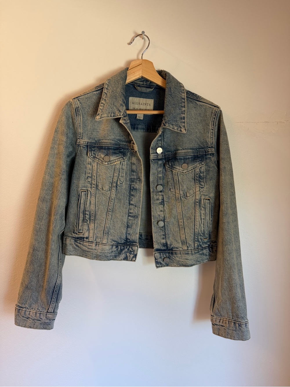 All Saints Light Wash Blue Cropped Denim Jacket